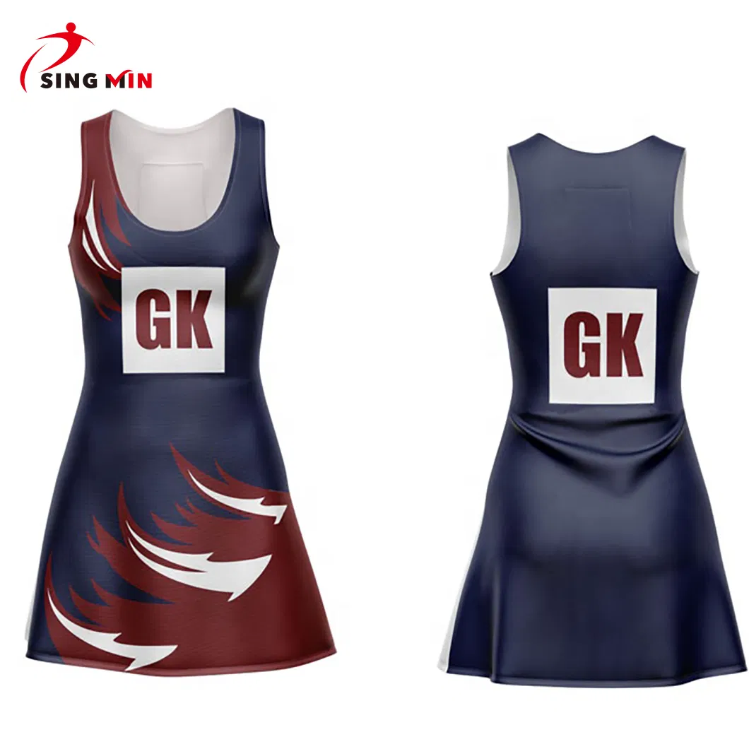 Venta al por mayor, impresión por sublimación completa personalizada, uniformes de Netball, vestidos de Netball con diseño para niñas